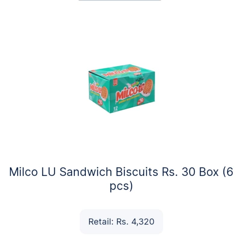 Milco LU Sandwich biscuits Rs30 box 6pcs