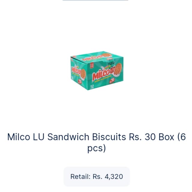 Milco LU Sandwich biscuits Rs30 box 6pcs